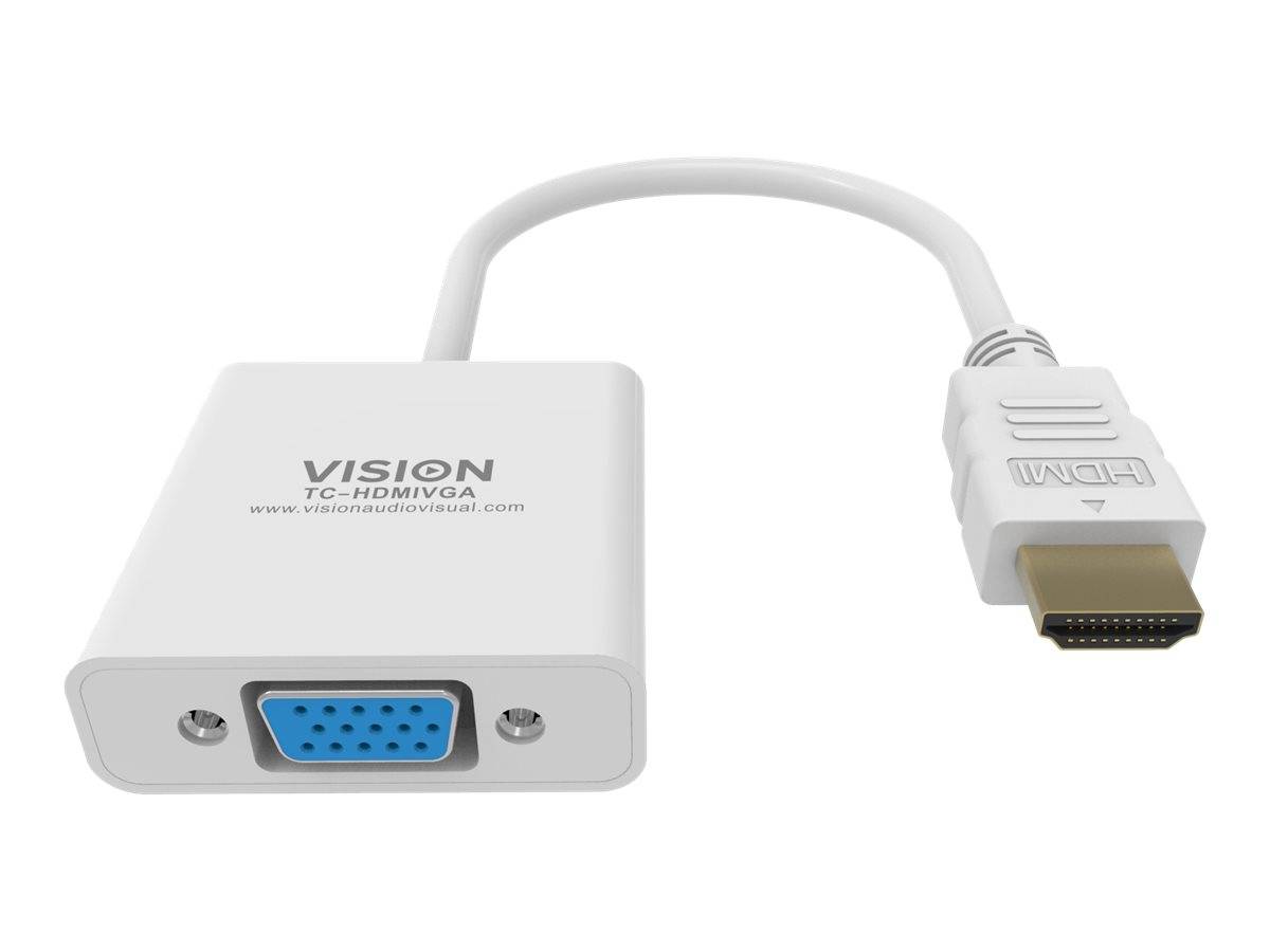 White Vision HDMI-zu-VGA-Adapterkabel mit HDMI-Stecker auf einer Seite und VGA-Buchse auf der anderen Seite.