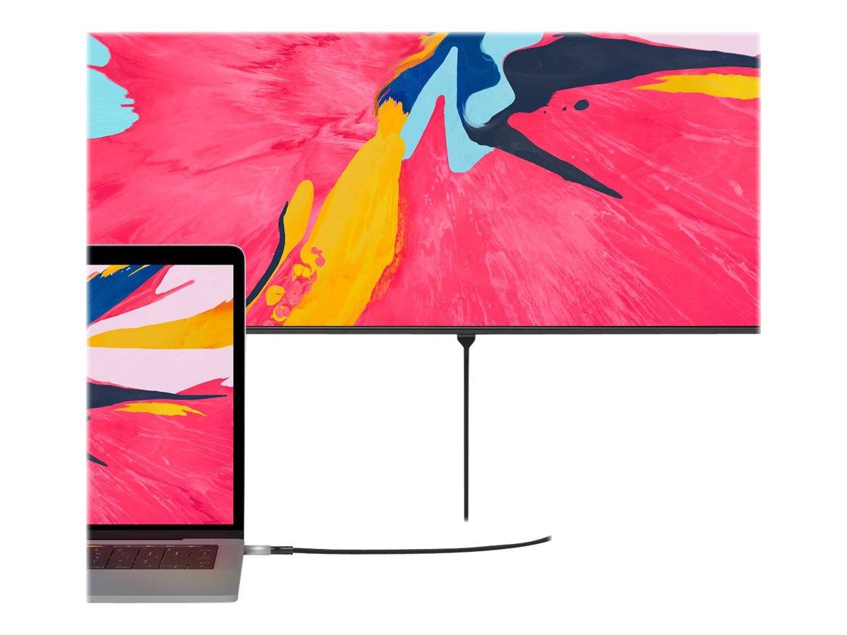 Laptop, der über ein Kabel mit einem externen Monitor verbunden ist und das gleiche farbenfrohe abstrakte Bild anzeigt, was auf eine Bildschirmspiegelung per Kabel hindeutet.