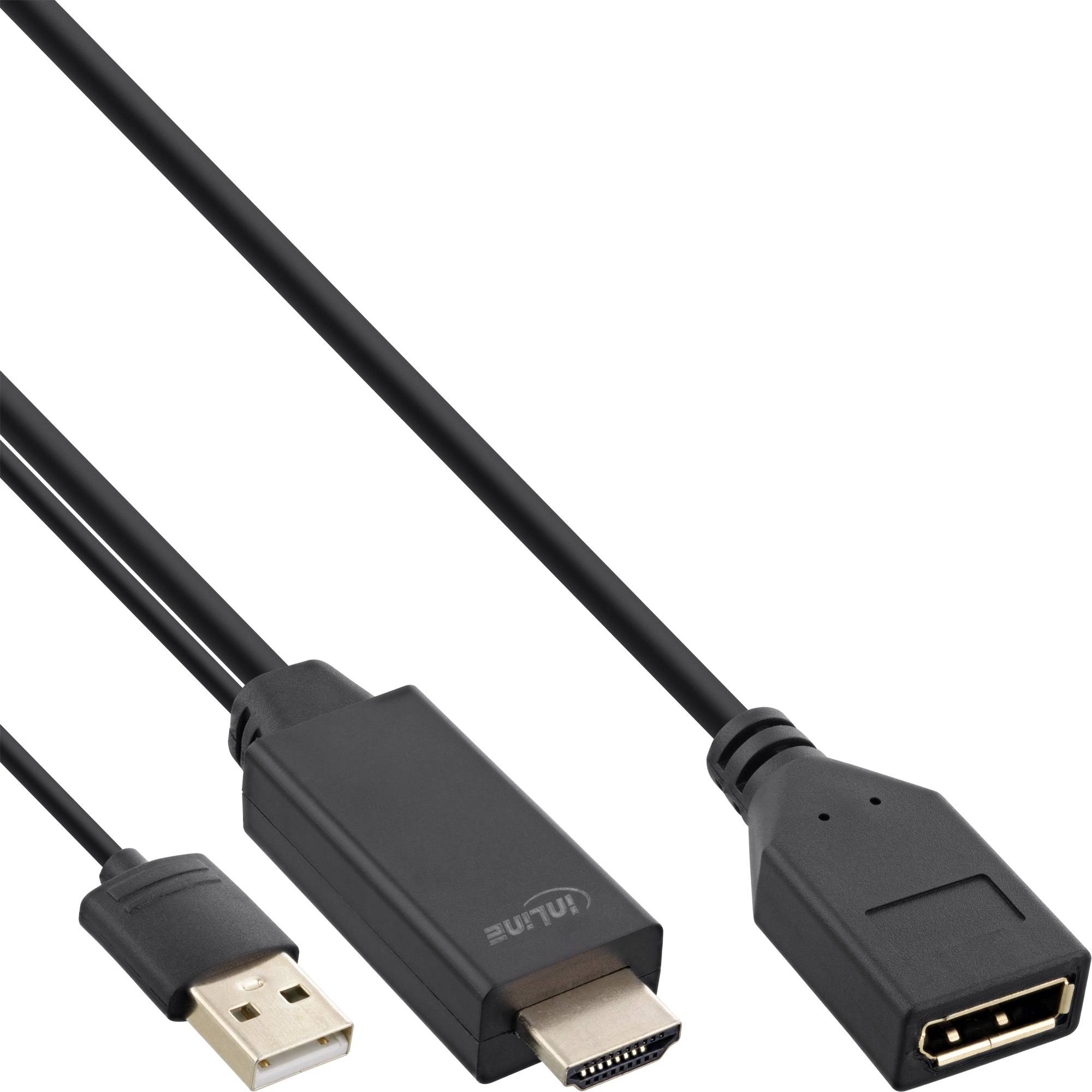 Schwarzes USB-Adapterkabel mit USB-A-Stecker an einem Ende und HDMI- und USB-A-ähnlichen Anschlüssen am anderen Ende.