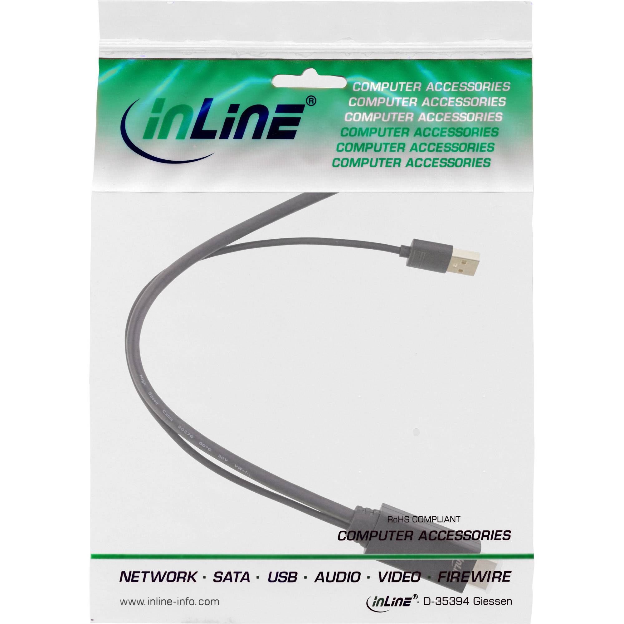 Verpackung für ein inLine USB-Kabel, das ein aufgerolltes schwarzes Kabel mit USB-A-Stecker und 