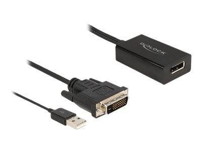 USB-auf-DVI-Adapterkabel mit DVI-Stecker, USB-Stecker und inline schwarzem Modul mit der Bezeichnung „Delock".