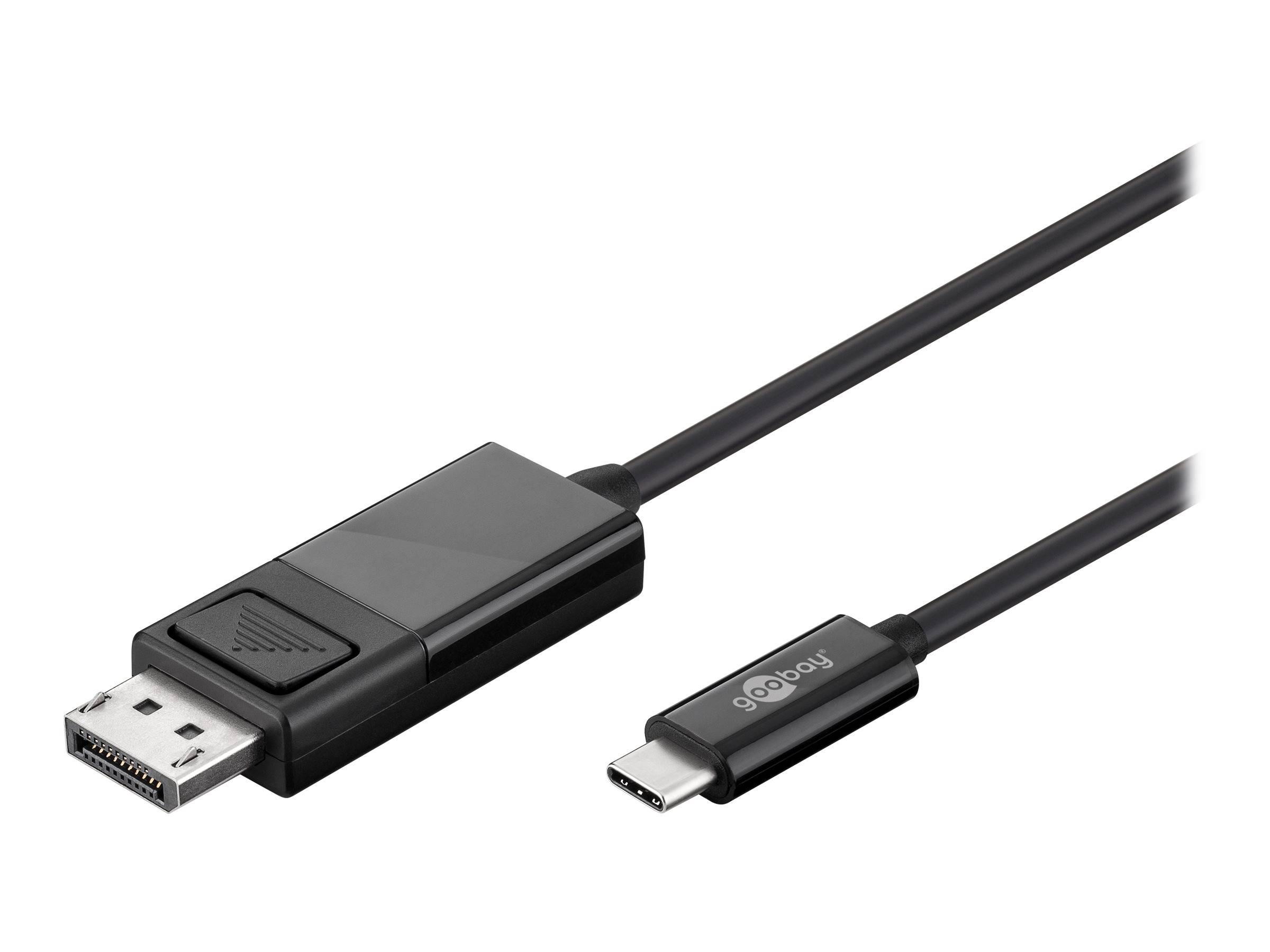 Ein schwarzes USB-C-zu-DisplayPort-Kabel, das beide Anschlüsse zeigt, wird zum Verbinden von USB-C-Geräten mit DisplayPort-Displays verwendet.
