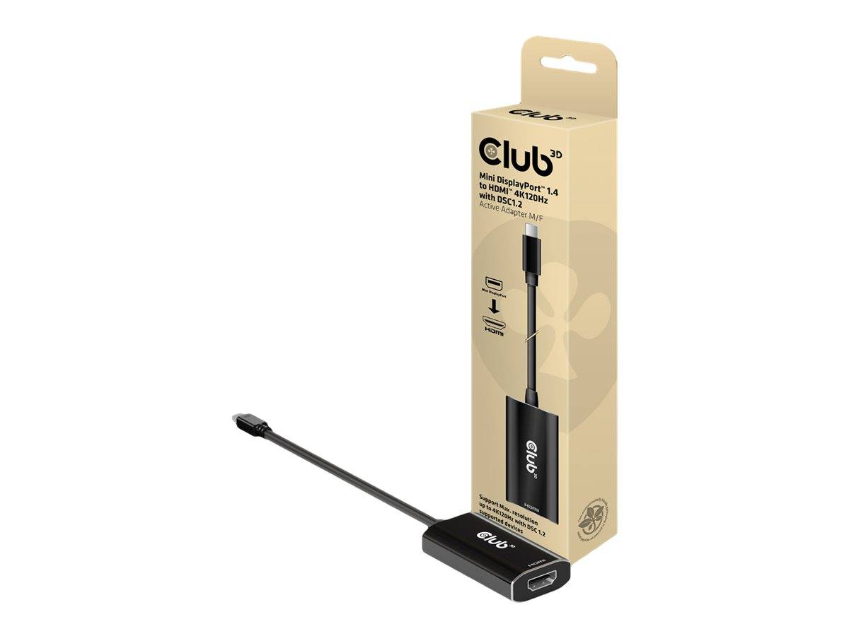 Club3D Mini DisplayPort 1.4 zu HDMI-Adapterkabel neben seiner Einzelhandelsverpckung abgebildet.