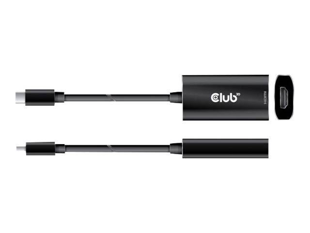 Black Club 3D USB-C-Adapterkabel, von zwei Winkeln gezeigt, mit einem weiblichen USB-C-Anschluss auf einer Seite und männlichem Anschluss auf der anderen Seite.