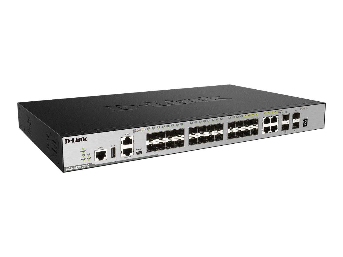 D-Link Ethernet-Switch mit Rackeinbau mit mehreren RJ45-Anschlüssen und mehreren Uplink-Ports auf einem schwarzen Metallgehäuse, dargestellt auf weißem Hintergrund.