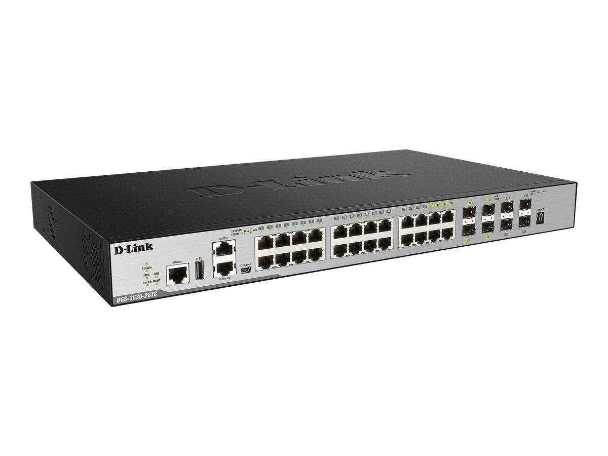 D-Link Rack-Mount-Netzwerk-Switch mit mehreren Ethernet-Ports und mehreren Uplink-/SFP-Steckplätzen auf der Frontplatte.