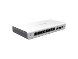 Weißer Ethernet-Netzwerk-Switch mit mehreren Front-Anschlüssen auf neutralem Hintergrund.