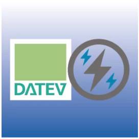 DATEV-Logo neben einem grauen Kreis mit einem Blitz und zwei blauen Blitzen auf einem blauen Farbverlaufshintergrund.