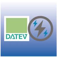 DATEV-Logo neben einem kreisförmigen Blitzsymbol auf blauem Farbverlauf-Hintergrund.