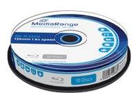 Spindel mit 10 leeren MediaRange CD-R-Discs in einem transparenten Kunststoffgehäuse.