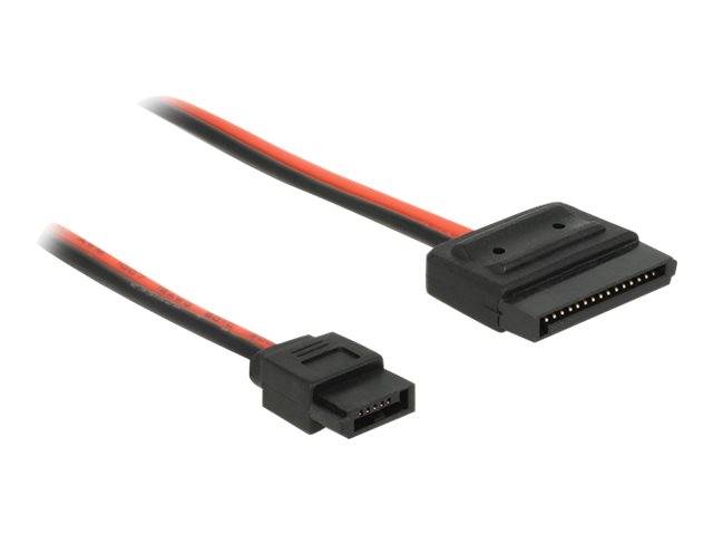 Nahaufnahme von zwei schwarz-roten Computer-Strom-/Datensteckern, einem größeren und einem kleineren, mit angeschlossenen Kabeln auf weißem Hintergrund.