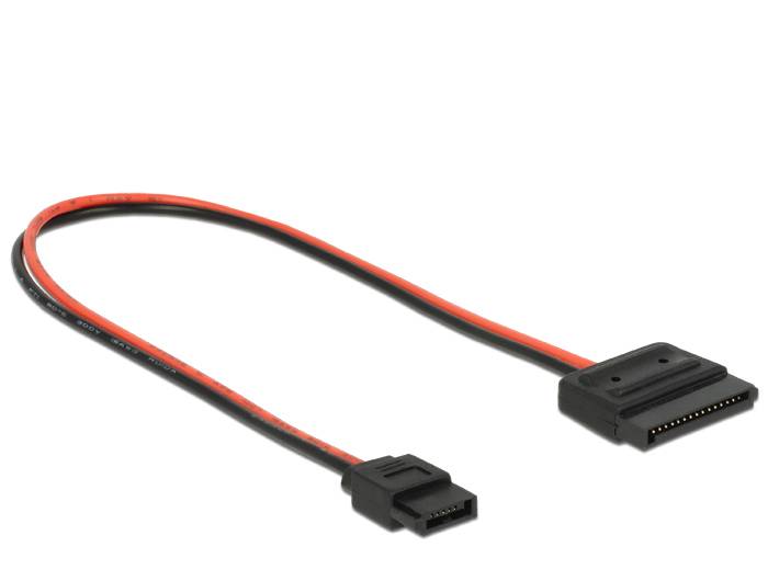 Rotes SATA-Datenkabel mit zwei schwarzen Steckern auf weißem Hintergrund.