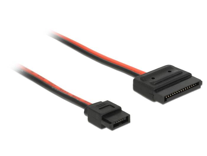 Zwei SATA-Datenkabel mit schwarzen und roten Drähten und L-förmigen Steckern, eines mit Standard-Anschluss und eines mit breiterem Stromstecker-Stil, auf weißem Hintergrund.