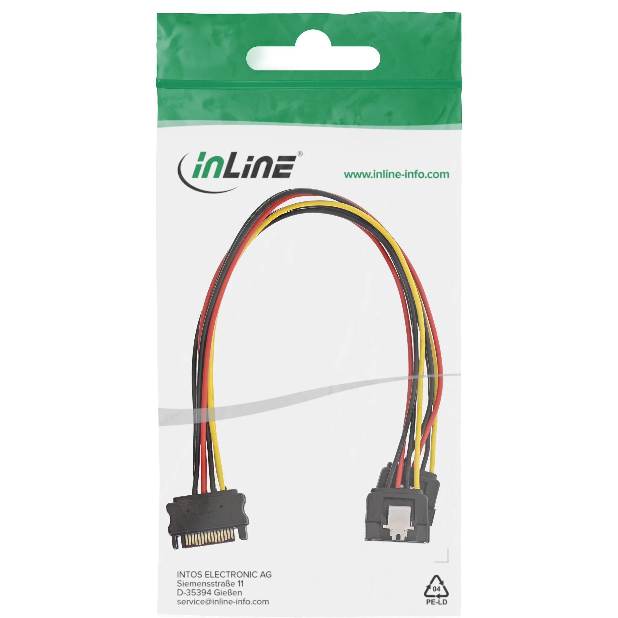 Paket eines inLine-Computerkabels mit roten, gelben, schwarzen und grauen Drähten und zwei Steckerenden, gezeigt in Einzelhandelverpackung.
