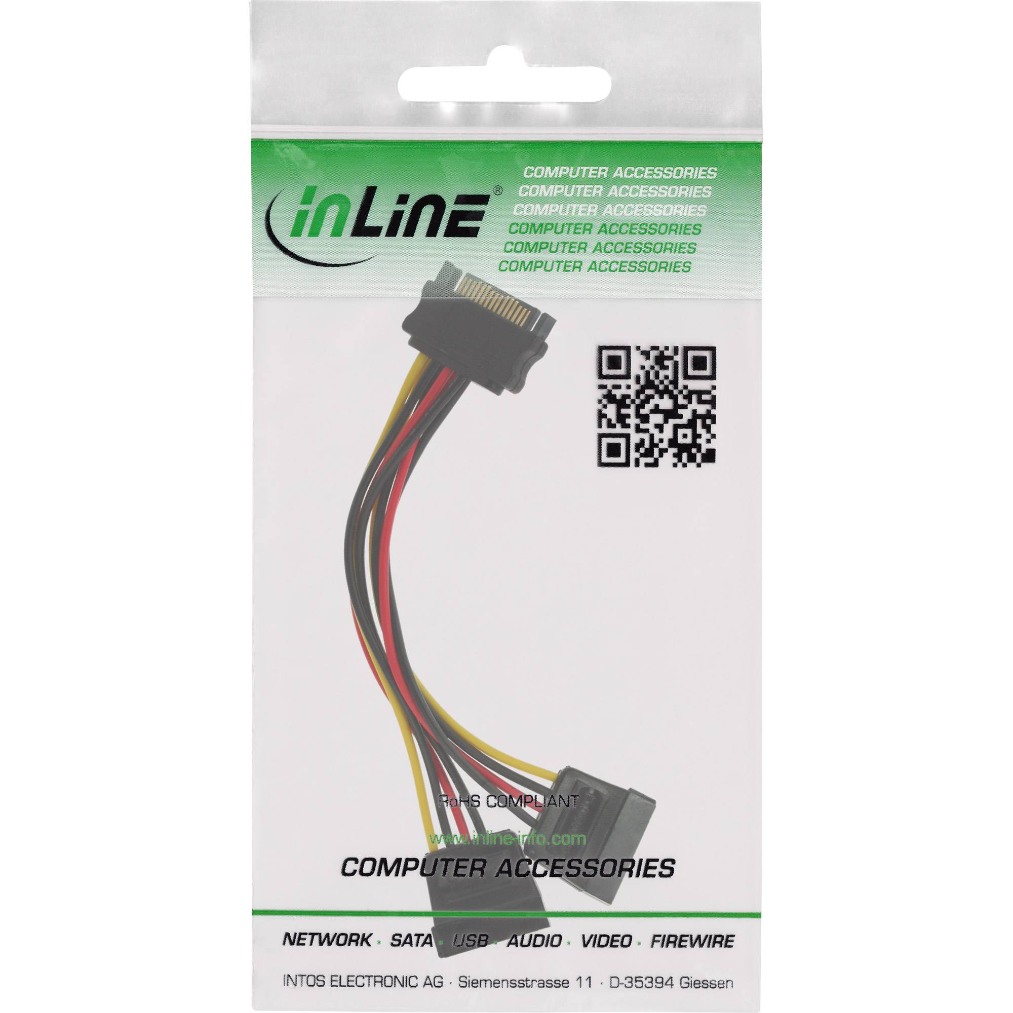 Verpackung für inLine-Computerzubehörkabel mit Steckverbindern, QR-Code und Etiketten für Netzwerk, SATA, USB, Audio, Video und FireWire.