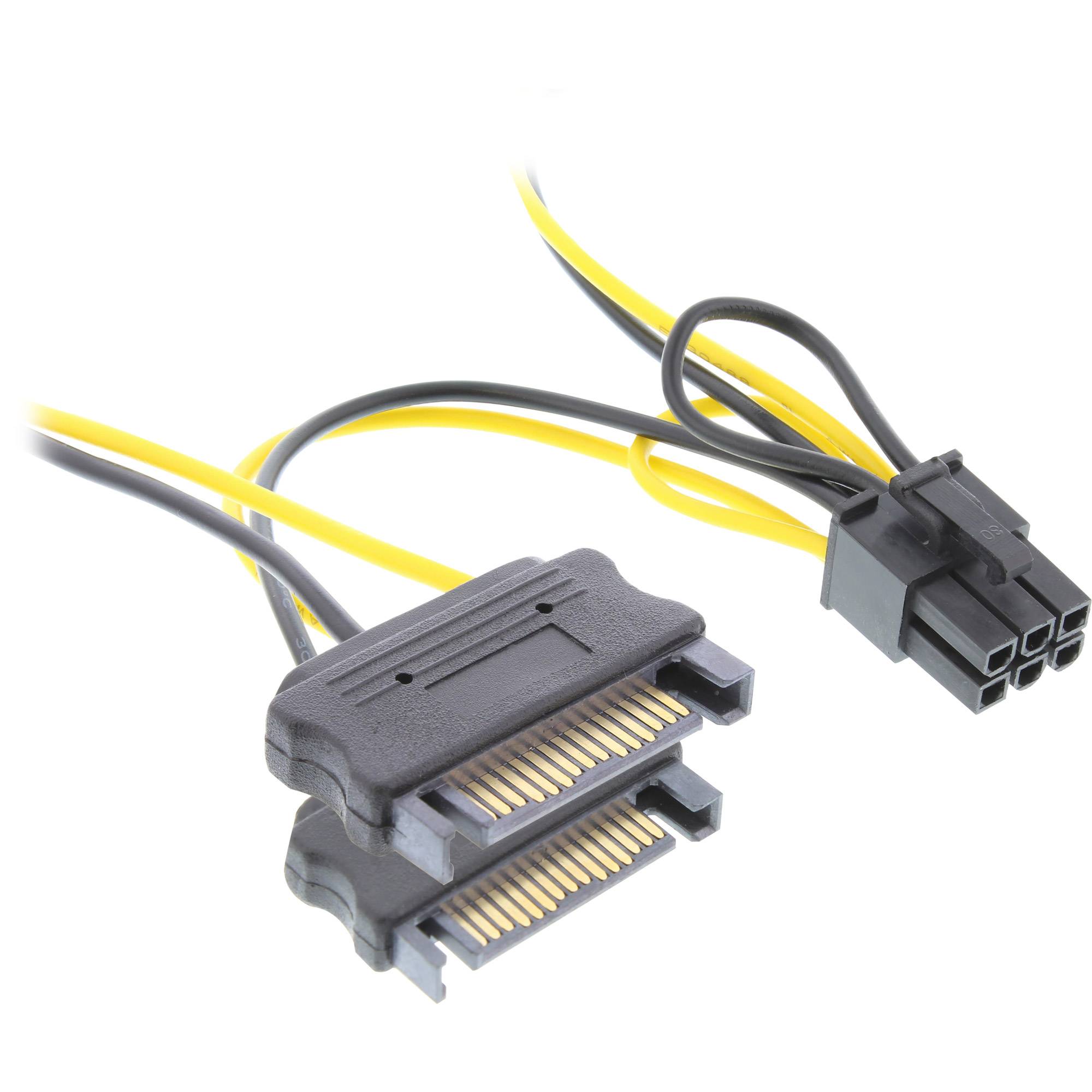 SATA-Stromadapter-Kabel mit einem 15-poligen Stecker und einem 6-poligen PCIe-Anschluss, dargestellt auf weißem Hintergrund.