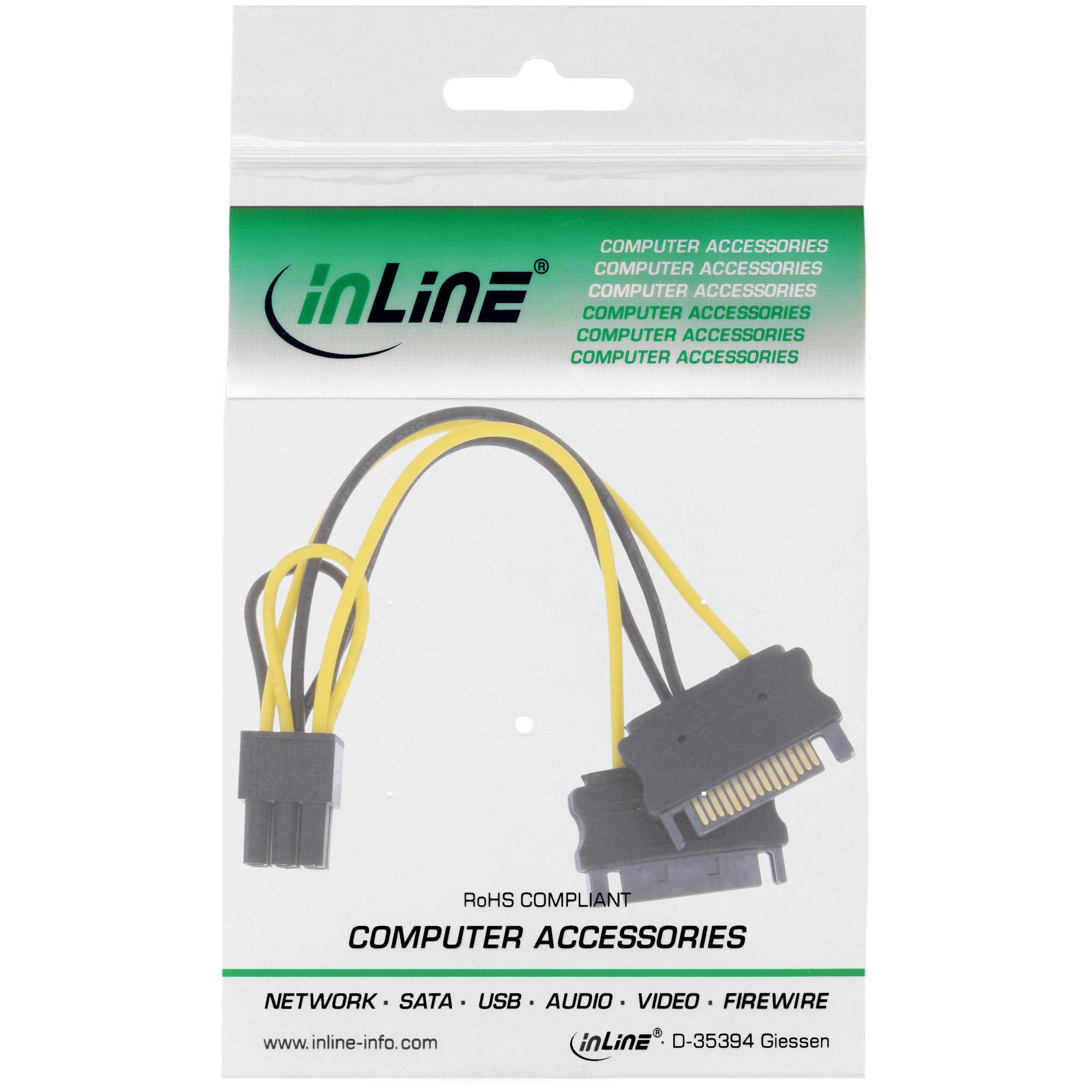 Verpackung für einen inLine-Computerzubehör-Kabeladapter mit einem gelb-schwarzen SATA-Strom-/Datenstecker auf einer Einzelhandels-Blisterpackung.