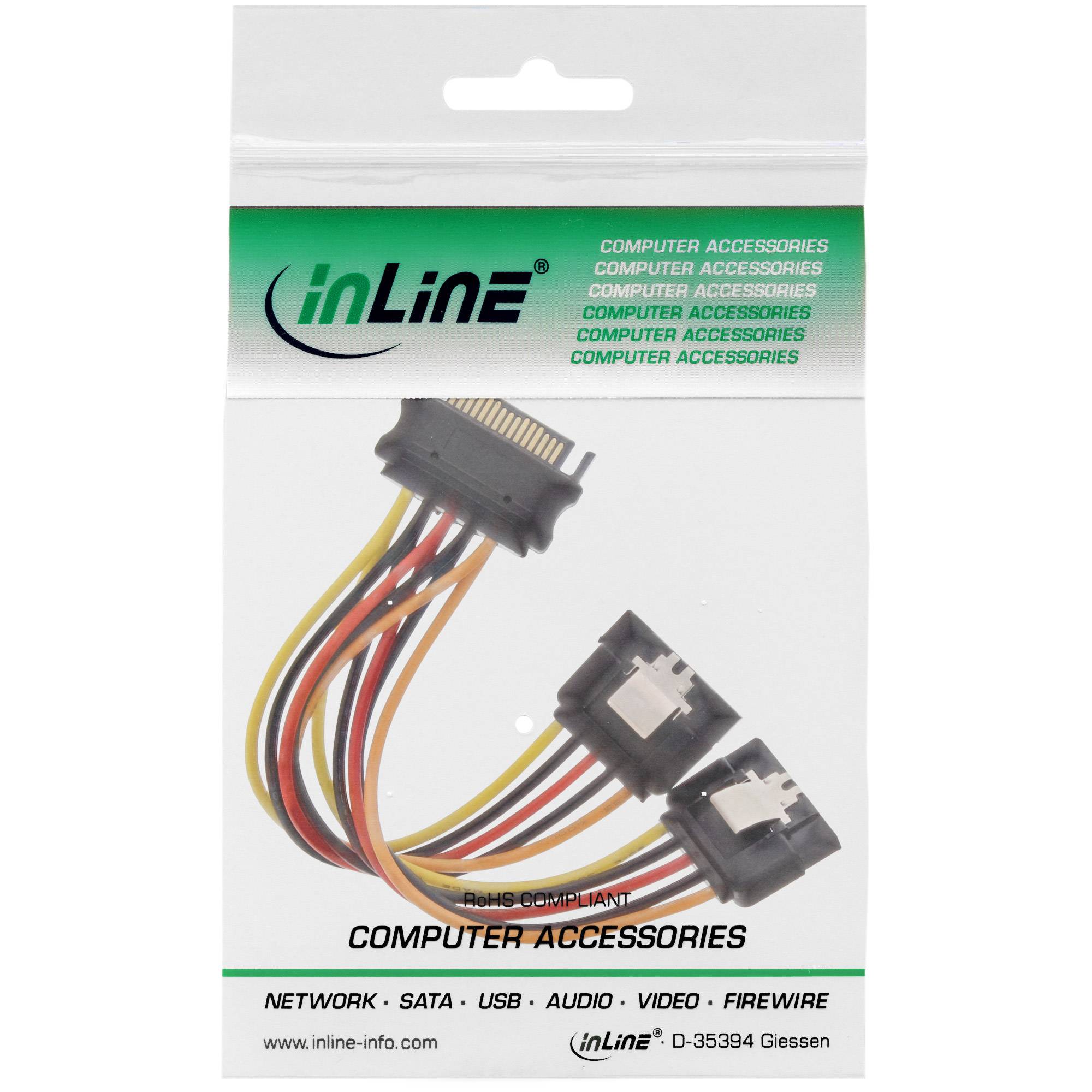 INLINE - SATA Strom-Y-Kabel - SATA Buchse an 2x SATA ST mit Lasche - 0,15m