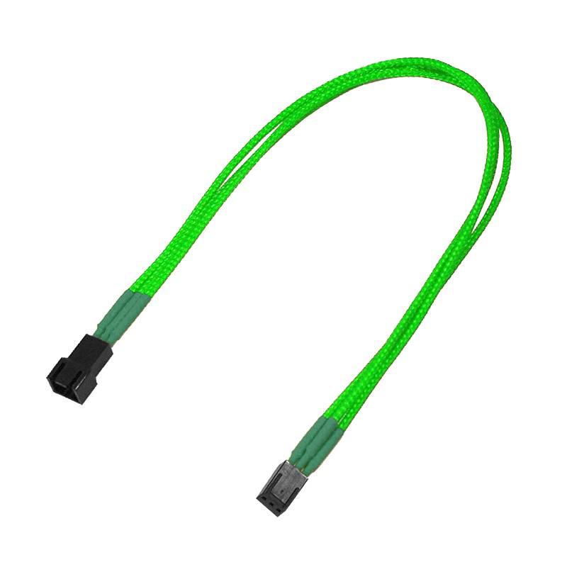 Grünes geflochtenes Kabel mit zwei schwarzen Steckern, gezeigt auf weißem Hintergrund.