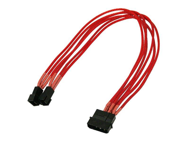 Rotes Stromverteiler-Kabel für Computer mit einer weiblichen Buchse und zwei männlichen Steckern auf weißem Hintergrund.