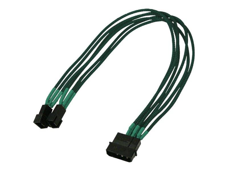 Grünes Computerstromverteilerkabel mit einem 4-poligen Stecker, der sich zu zwei schwarzen Steckern aufteilt.
