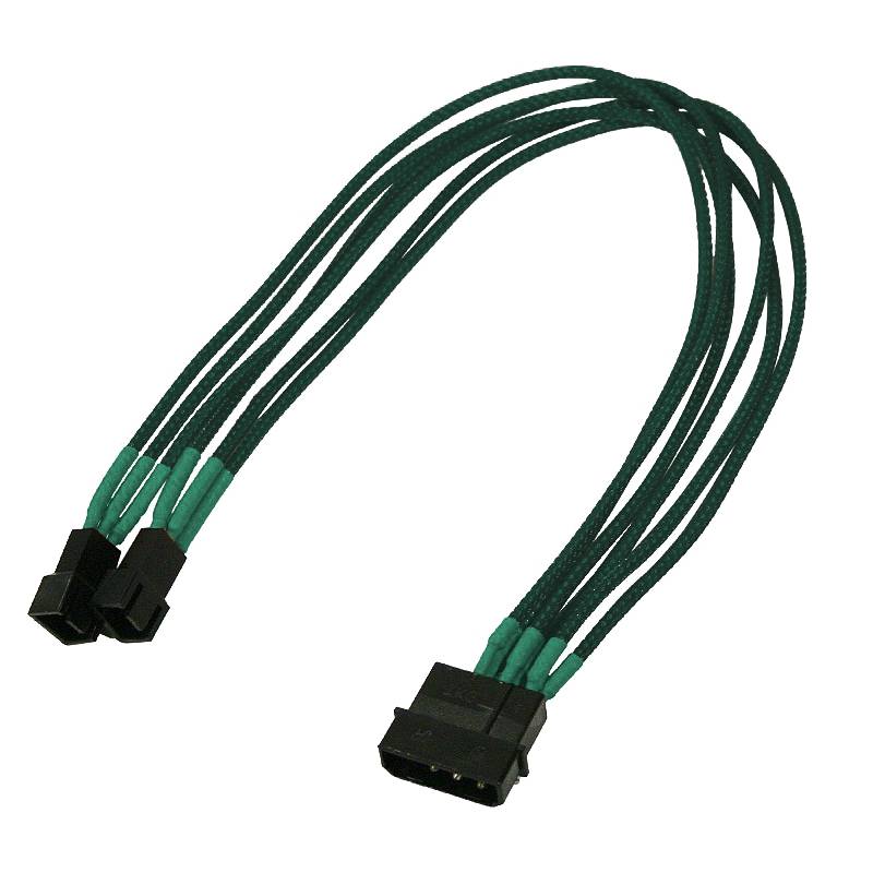 Schwarzes Computerkabel mit einem einzelnen Stecker, das sich in zwei kleinere Stecker aufteilt, gezeigt auf weißem Hintergrund.
