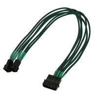 Grünes Computerkabeladapter mit zwei schwarzen Steckern an einem Ende und einem größeren schwarzen Stecker am anderen Ende.