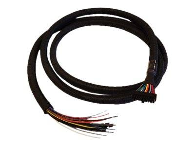 Aufgerolltes schwarzes Kabel mit abisolierten, mehrfarbigen Drahtenden an beiden Enden freigelegt.