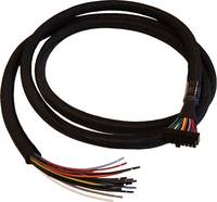 Schwarzes Kabel mit einer Schutzmanschette, aufgerollt mit freiliegenden mehrfarbigen Drahtenden an einem Ende, auf weißem Hintergrund abgebildet.
