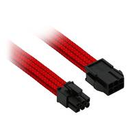 Rotes geflochtenes Computernetzwerkkabel mit zwei schwarzen Anschlüssen auf weißem Hintergrund.