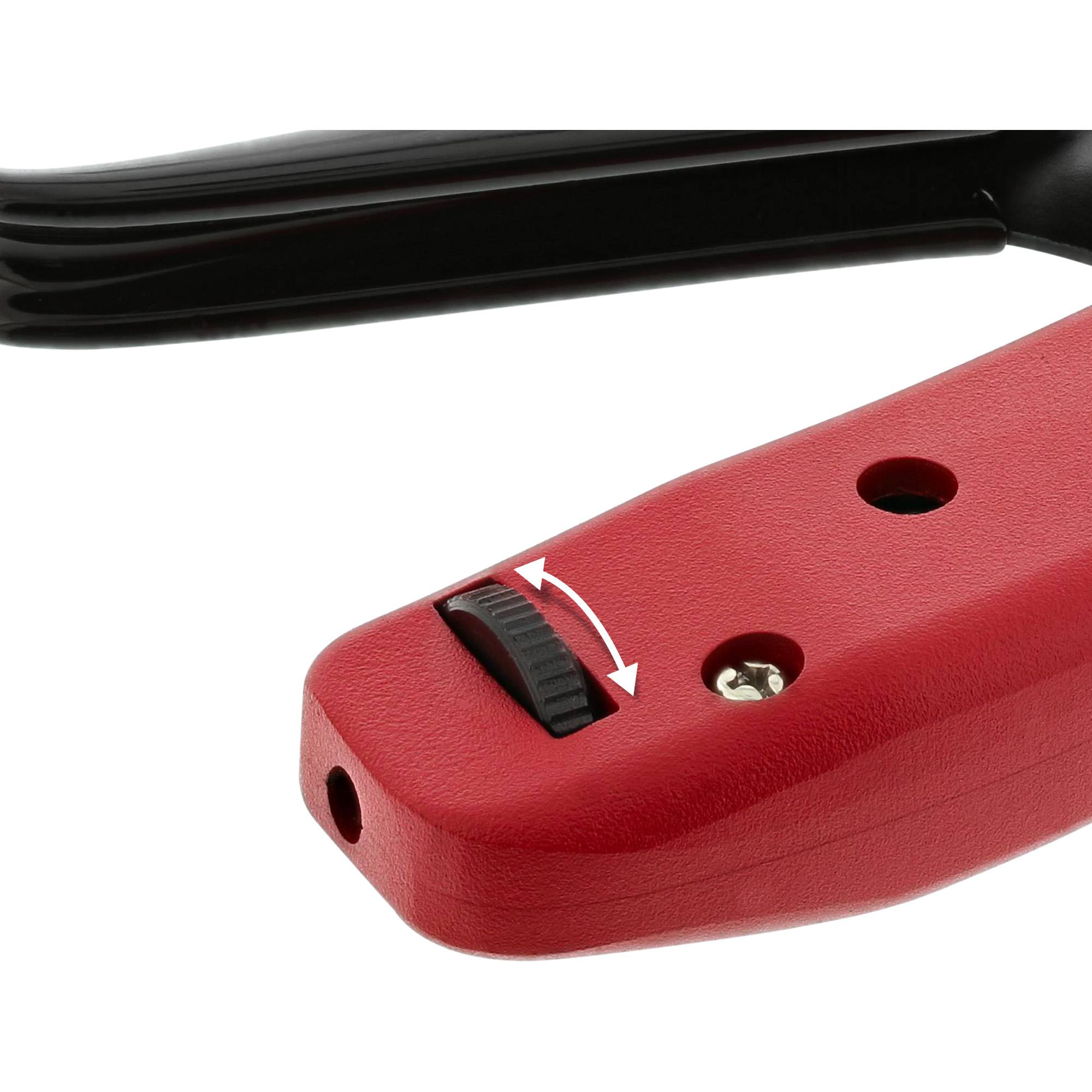 Rotes tragbares Gerät mit einem Schiebeschalter oben, dargestellt mit Pfeilen, die angeben, dass er hin und her bewegt wird.