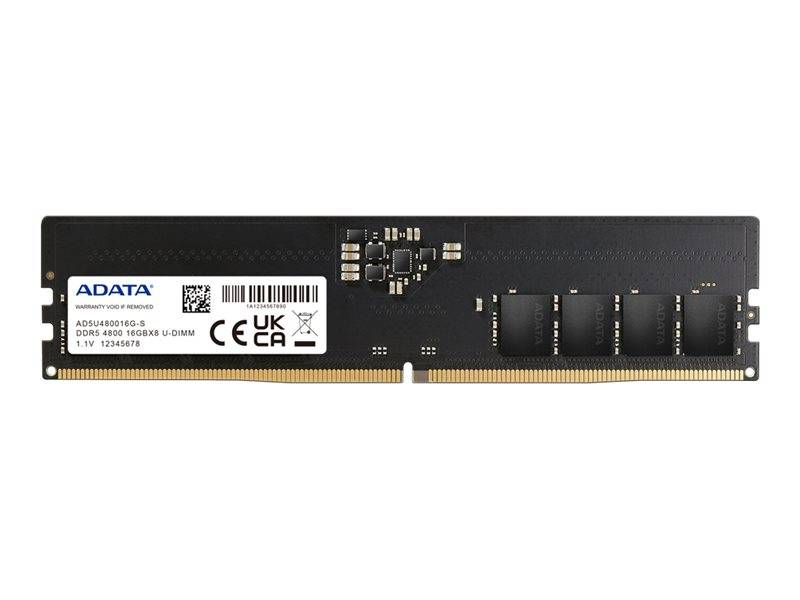 ADATA DDR5 Desktop-RAM-Modul auf weißem Hintergrund gezeigt, mit schwarzer Leiterplatte und Etikett