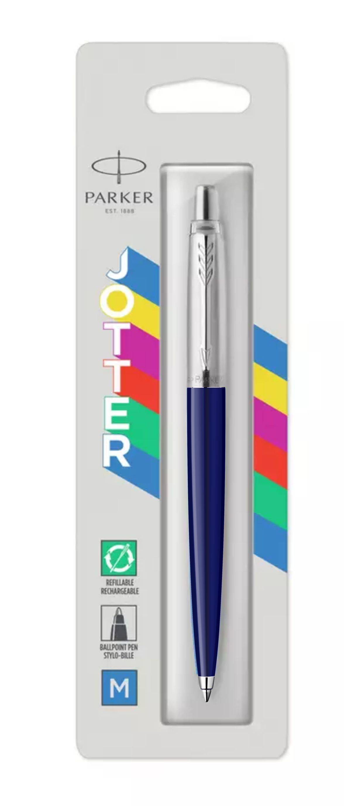 Parker Jotter Kugelschreiber in Silber und Blau in Blisterverpackung mit regenbogenfarbigen diagonalen Streifen und grünem Ökolabel.