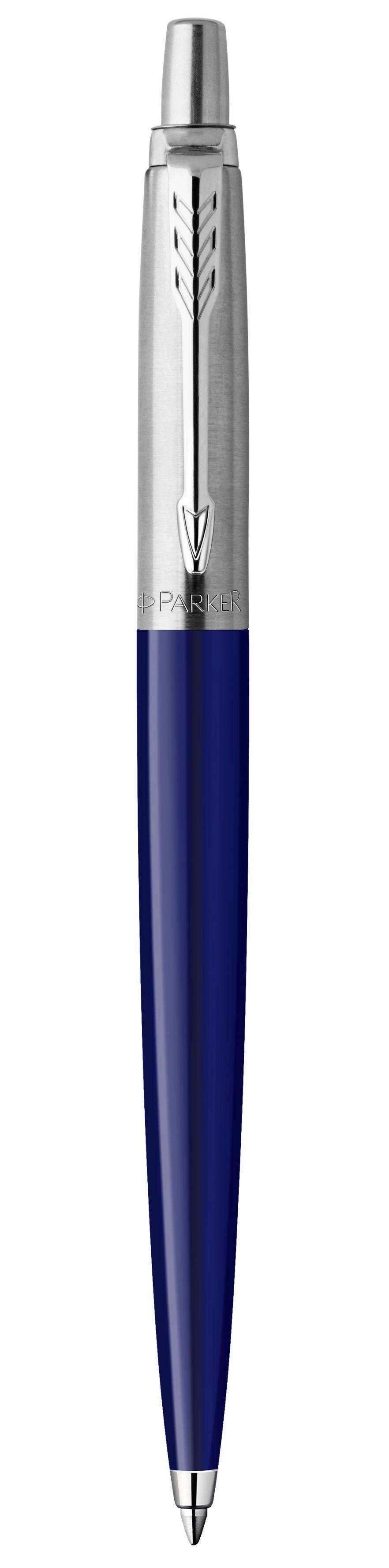 Ein blau und silber Kugelschreiber, vertikal auf einem einfachen weißen Hintergrund dargestellt.