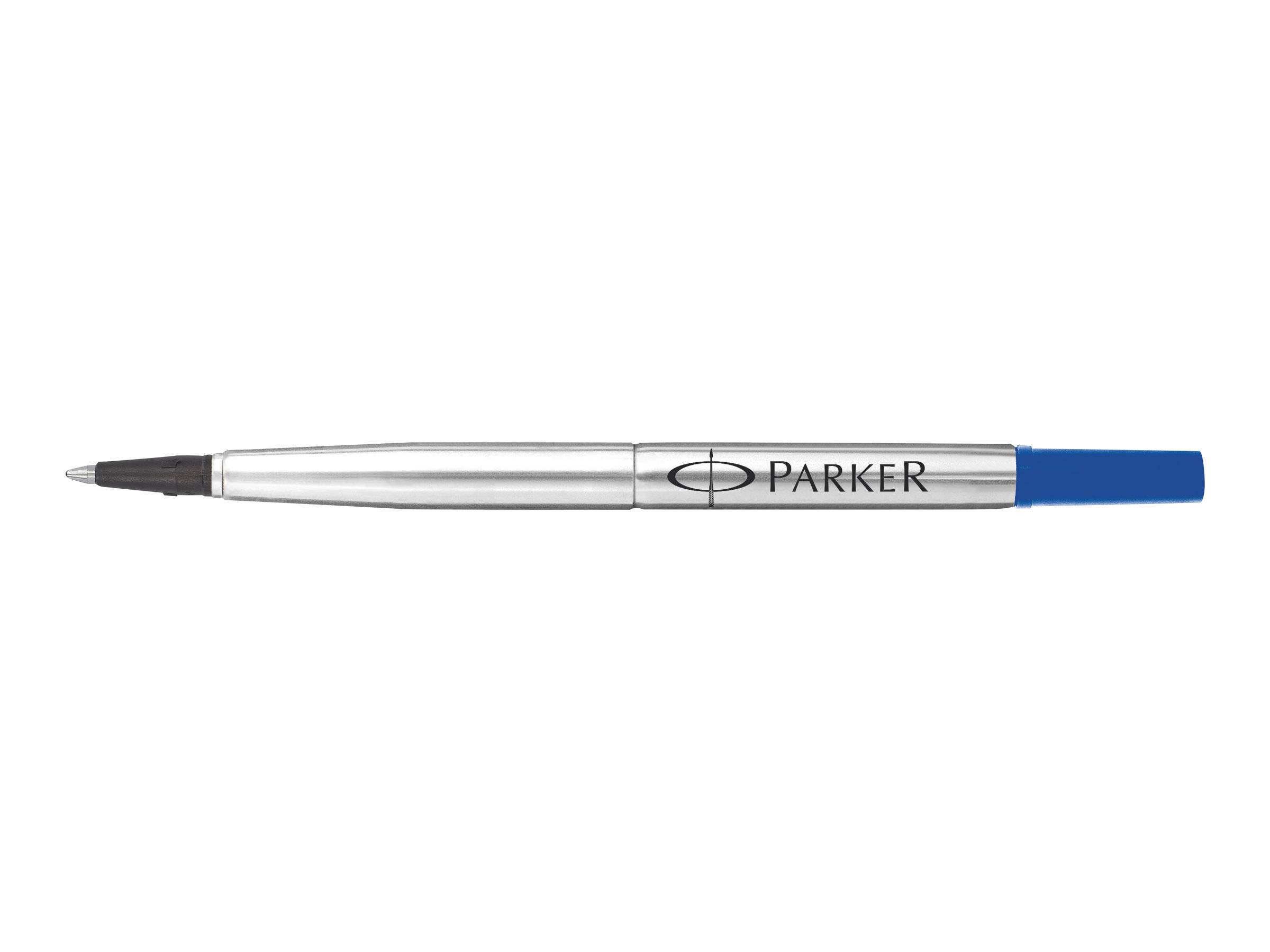 Silberner Parker-Kugelschreiber mit schwarzem Griff und blauer Kappe, horizontal auf weißem Hintergrund dargestellt.