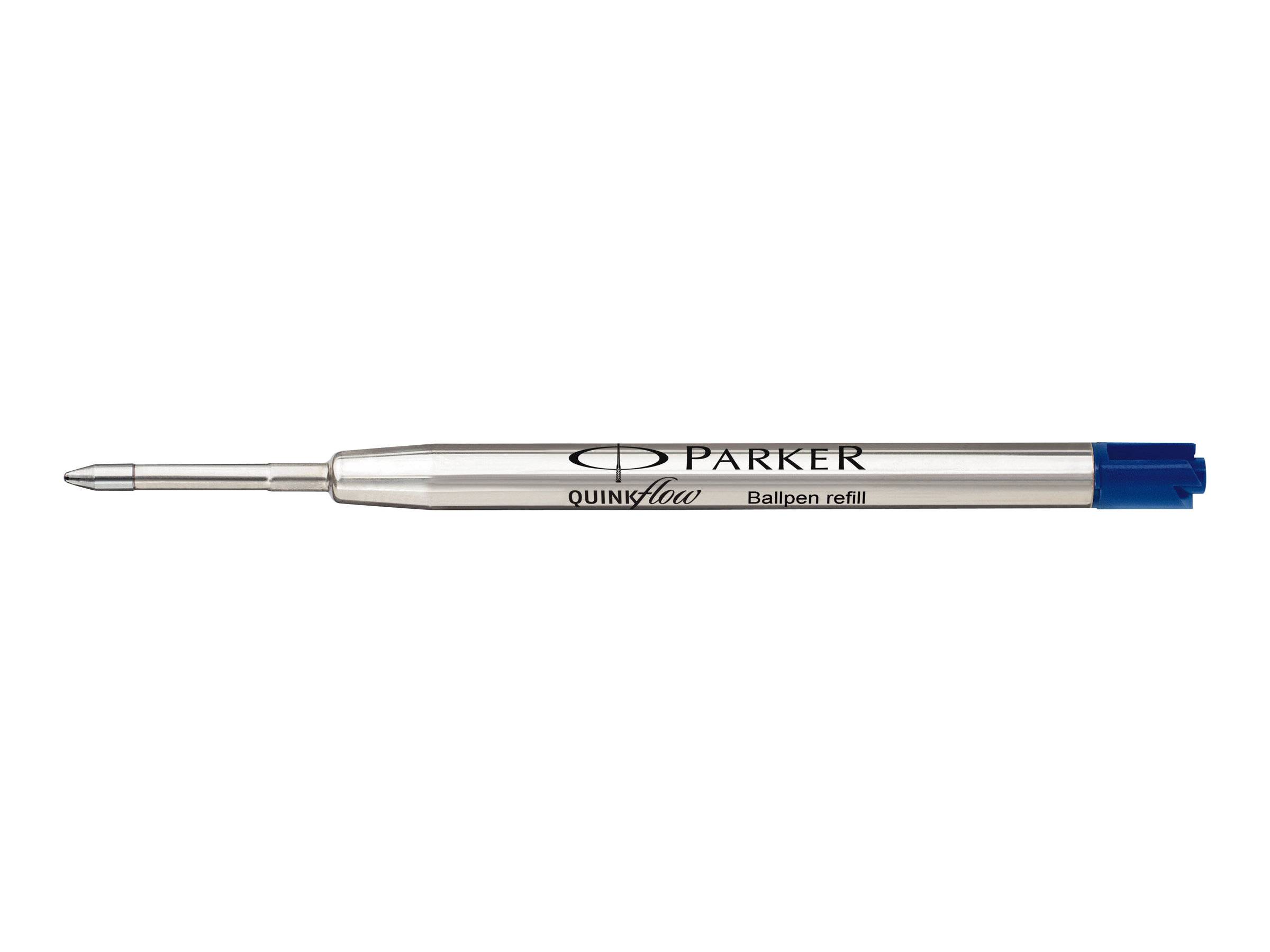 Parker Quinkflow Kugelschreiber-Mine mit blauer Spitze auf weißem Hintergrund.