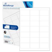 Produktbild von MediaRange-Adressetiketten: eine Packung mit leeren weißen rechteckigen Haftetiketten, die in einem Raster auf einem Blatt angeordnet sind.