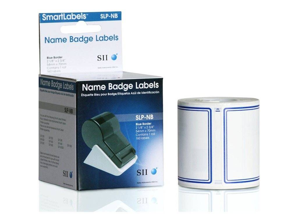Schachteln und Rollen von SmartLabels Namensschild-Etiketten, weiße Etiketten mit blauem Rand für Ausweisbadges.