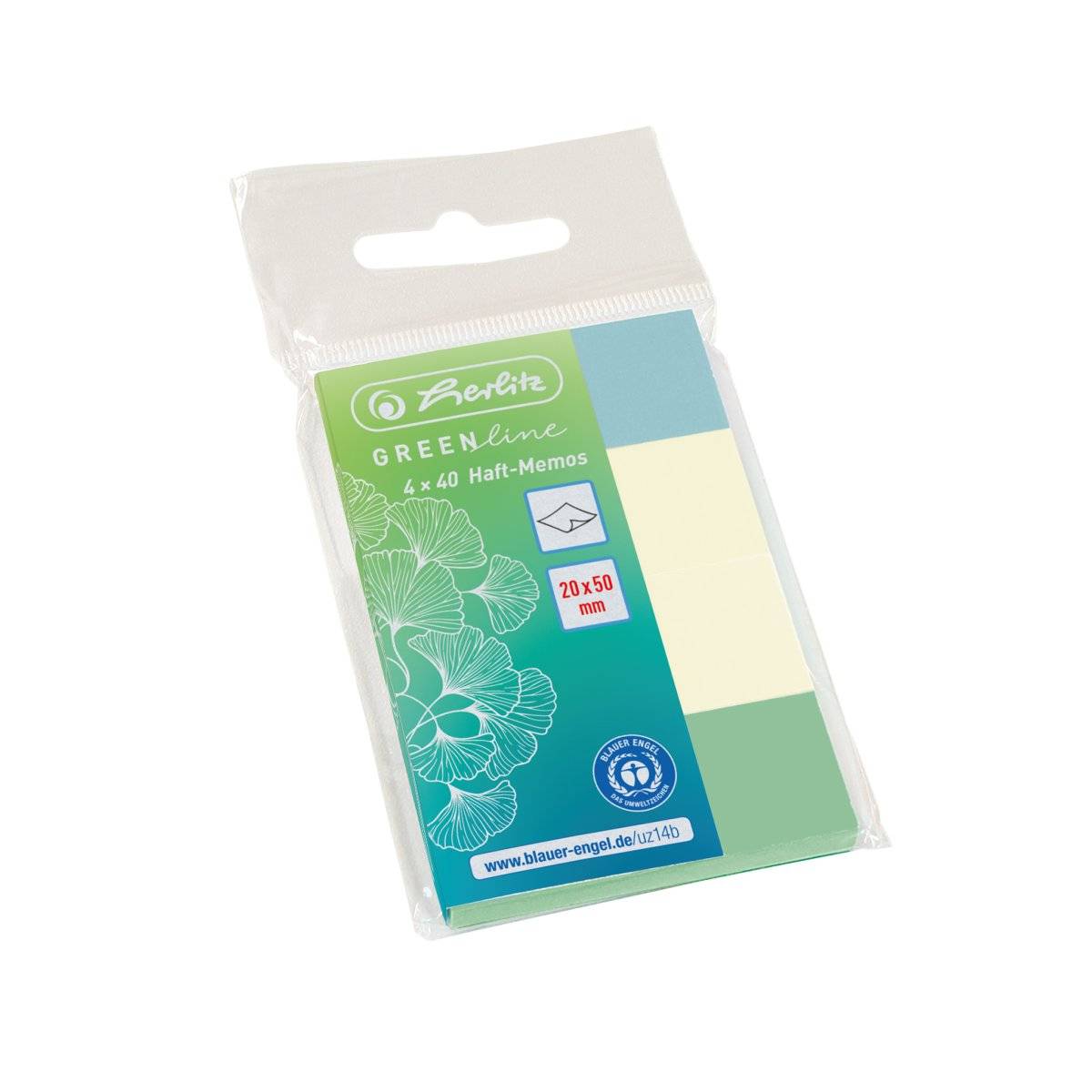 Packung Herlitz GREENline selbstklebende Notizblöcke, 4 x 40 Blatt, 20 x 50 mm, in grüner, blauer und cremefarbener Verpackung.