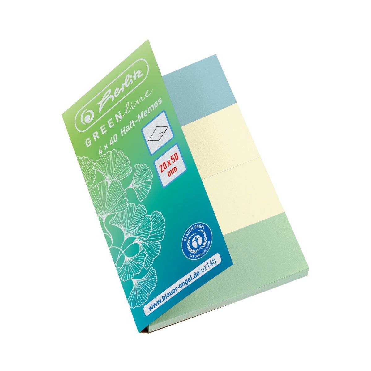 Faber-Castell Greenline 4x40 Haftnotizen im Halbformat in Pastellblau, Gelb und Grün auf weißem Hintergrund.