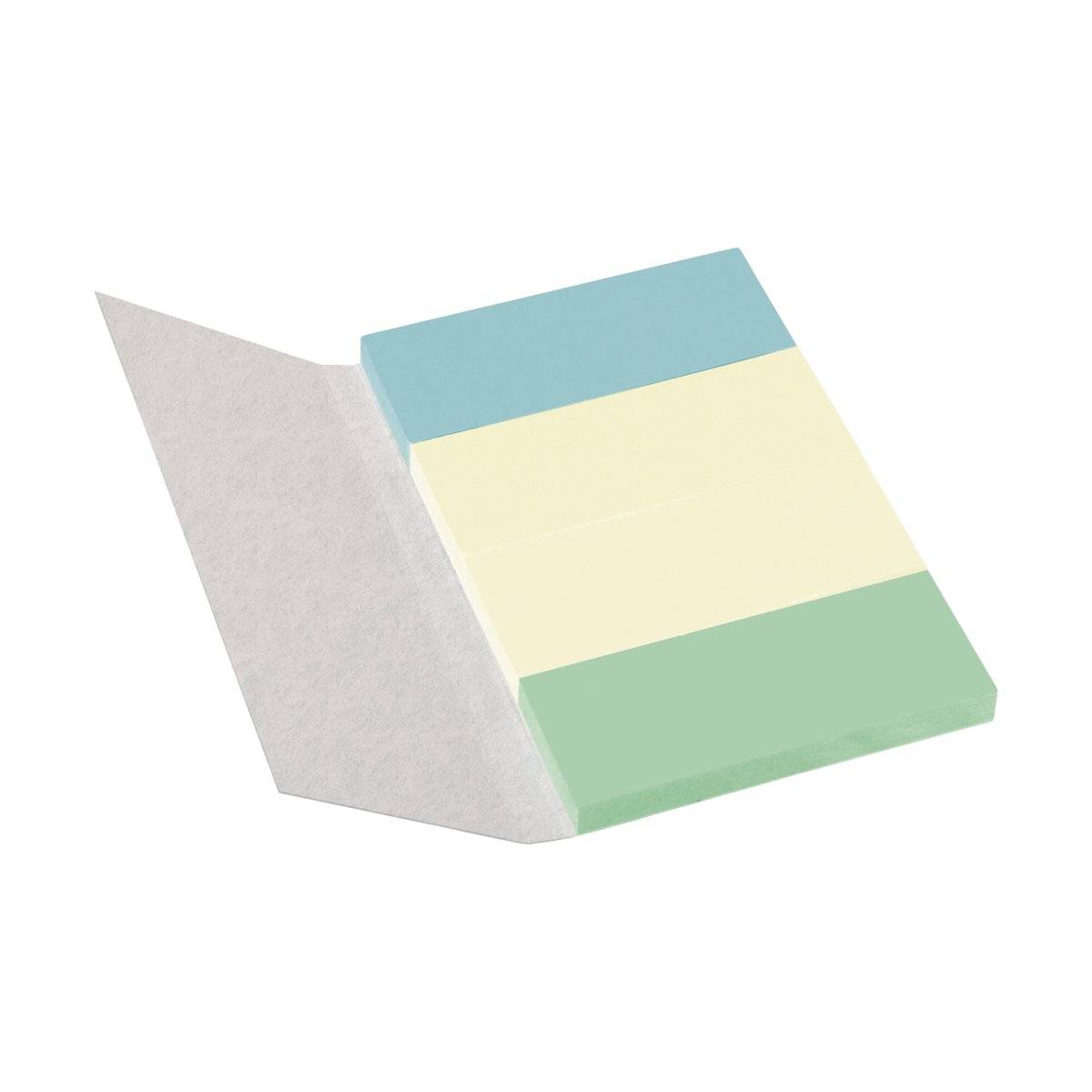 Weiße Umschlag mit einer pastellblauen, cremefarbenen und grünen Notiz oder Karte, die teilweise hineingesteckt ist.