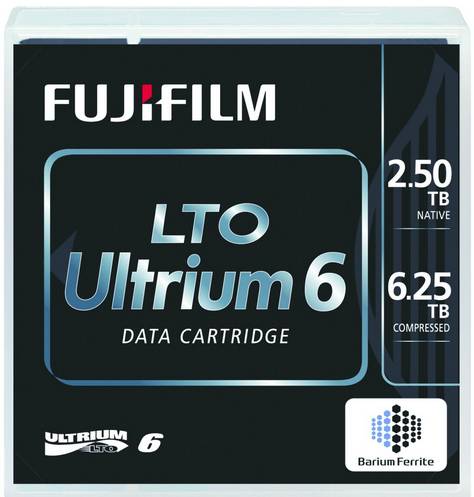 FUJIFILM LTO Ultrium 6 Datenkassette mit Verpackung, die 2,50 TB native Kapazität und 6,25 TB komprimierte Kapazität zeigt.