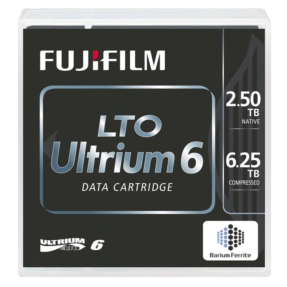 Fujifilm LTO Ultrium 6 Datenkassette mit Verpackung zeigt 2,5 TB native und 6,25 TB komprimierte Speicherkapazität.