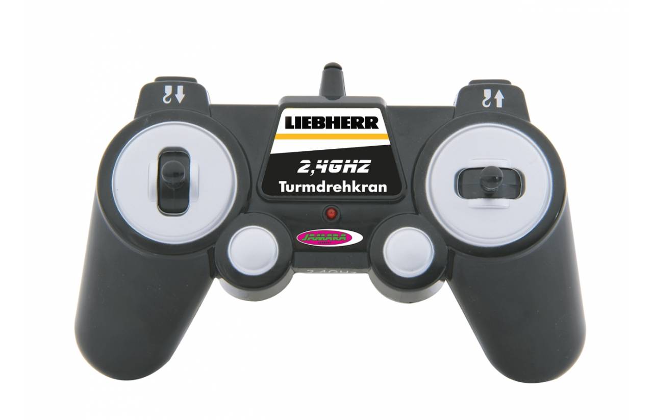 Schwarze Fernbedienung mit der Bezeichnung „LIEBHERR" und „2,4GHz Turmdrehkran"" mit zwei Joysticks, Vorderansicht auf weißem Hintergrund.
