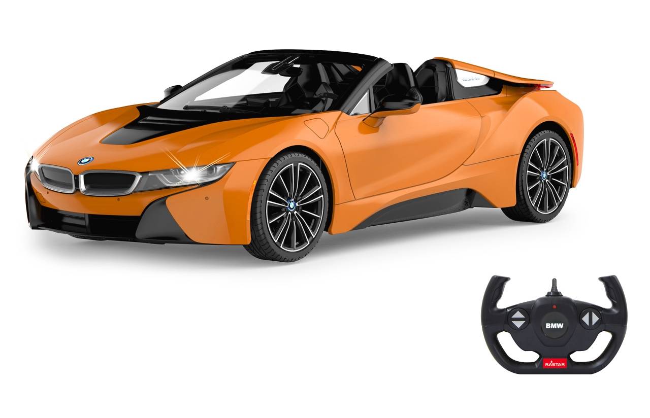 Orange BMW-ähnlicher Cabrio-Sportwagen auf weißem Hintergrund, mit passfähiger Fernbedienung unten rechts abgebildet.