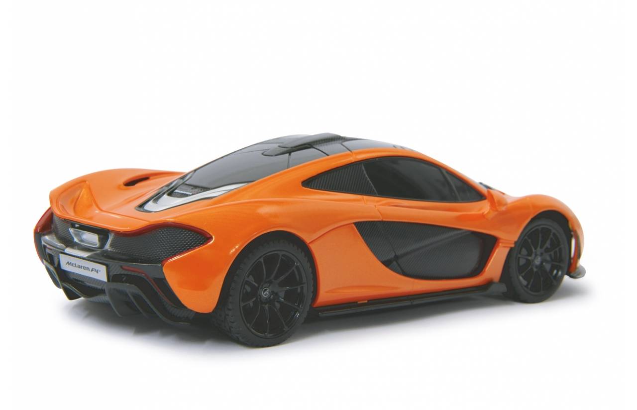 Orange Sportwagenmodell auf weißem Hintergrund, in Seitenansicht dargestellt.