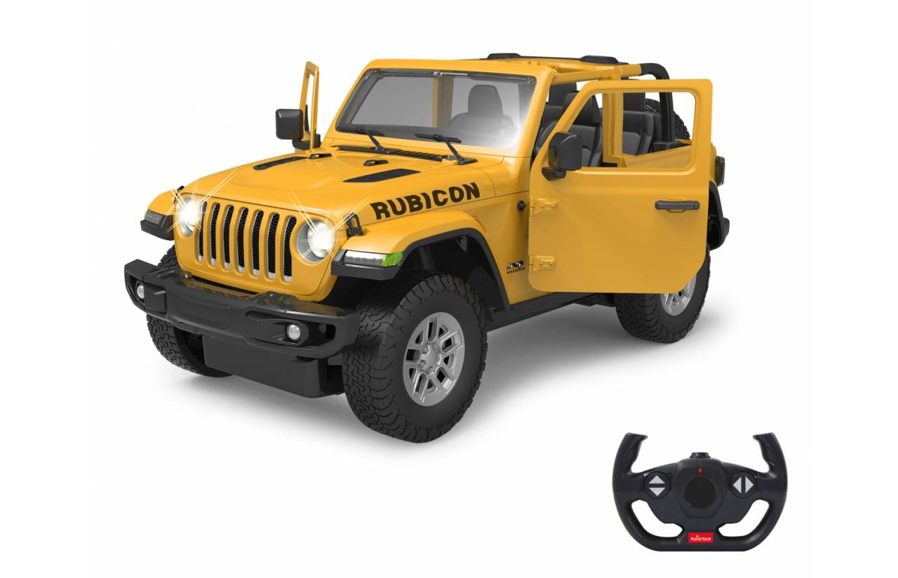 Gelber Rubicon Jeep-artiger SUV mit offenen Türen und abgelenktem Lenkrad, unten auf weißem Hintergrund dargestellt.