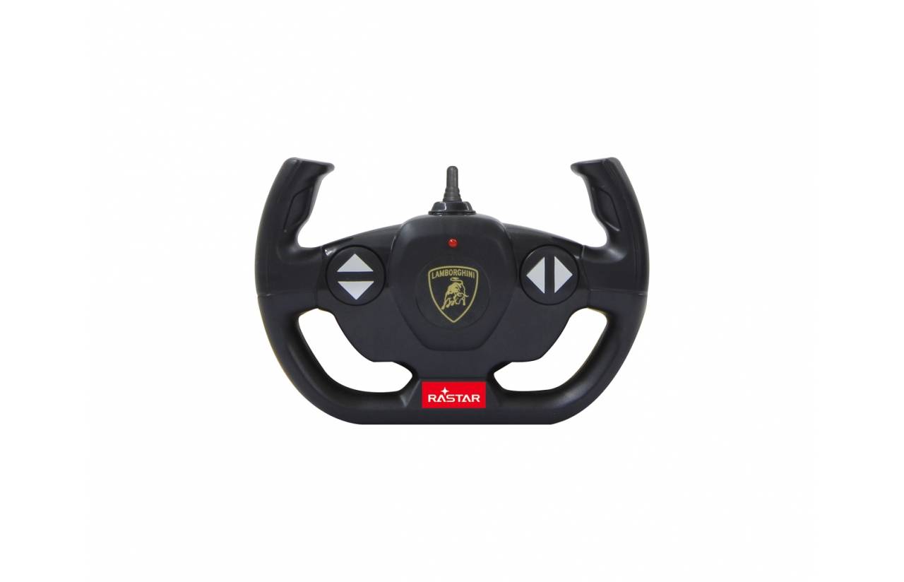Ein schwarzes Lamborghini-Marken-Spielzeug-Lenkradsteuergerät mit zwei Daumenschaltflächen und einem roten „Rastar"-Logo auf weißem Hintergrund.
