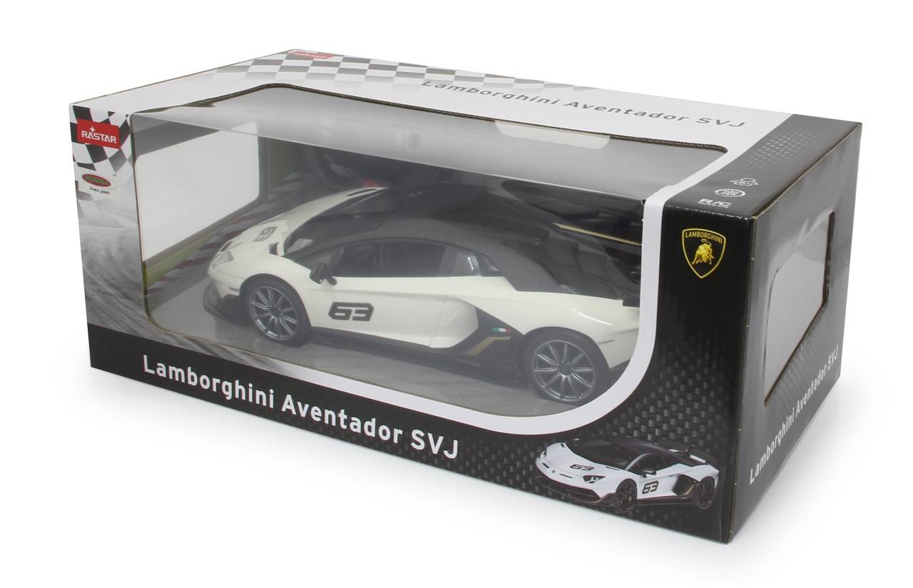 Lamborghini Aventador SVJ Modellauto in einer Displaybox mit Kunststofffenster, mit der Beschriftung „Lamborghini Aventador SVJ" und Nummer 63.
