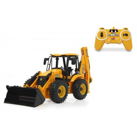 Gelber ferngesteuerter JCB-Baggerlader mit vorderer Schaufel und hinterem Bagger, dargestellt mit passendem Controller auf weißem Hintergrund.